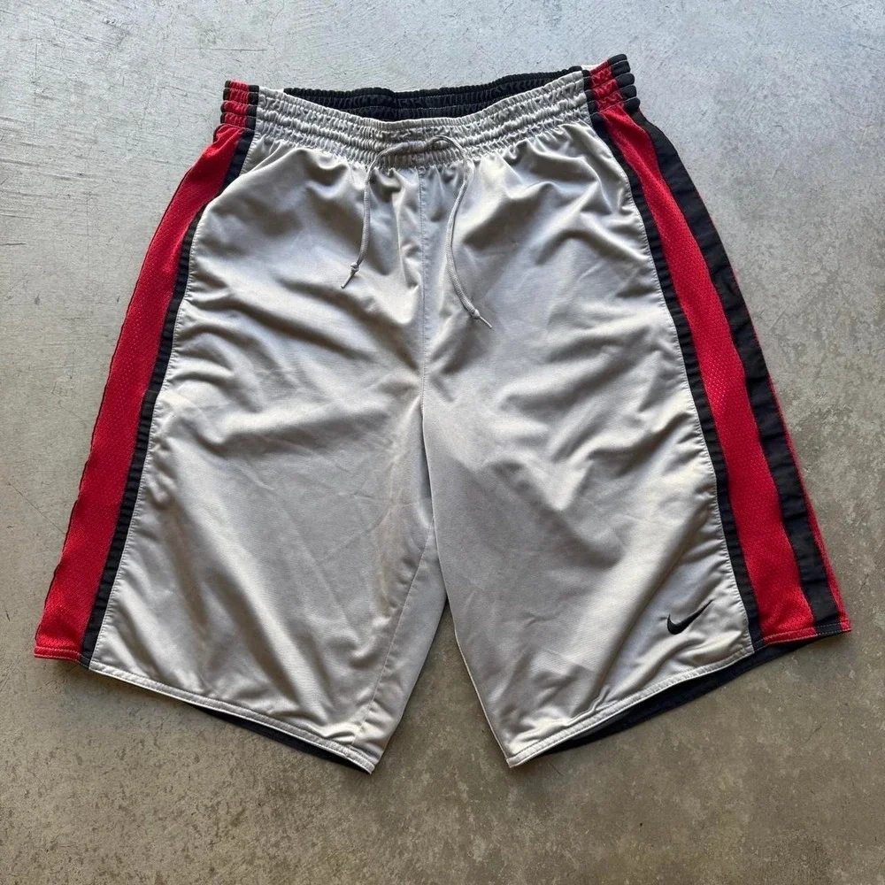 Vintage Nike Basketball Shorts Reversible Large Black Red Dazzle Silky Baggy Y2K